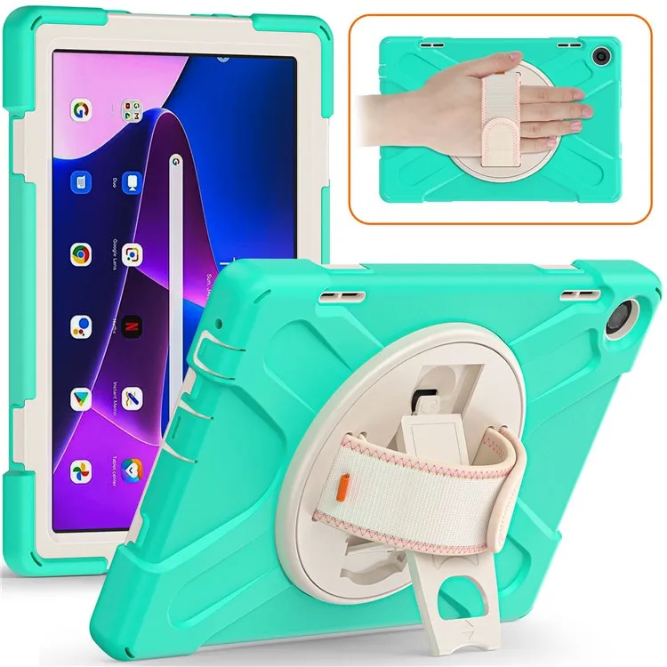 

For Lenovo Tab M10 (Gen 3) TB-328FU / TB-328XU Kickstand 360 Degree Rotation Hand Strap Tablet Case PC + Silicone Protective Cov