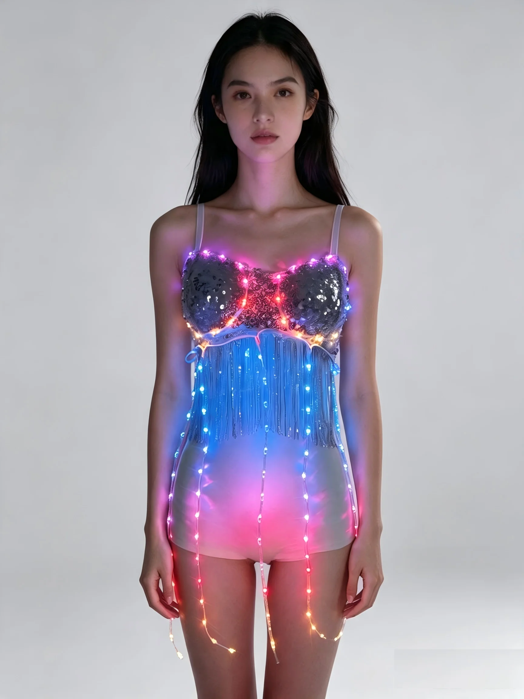 LED Light Up Tassel Halter Top of Women, Sequin Fringe Glow Party Top, Rave Festival Costume with Color Changing Lights