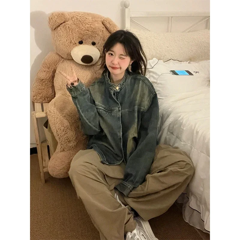 سترة نسائية كلاسيكية من قماش الدنيم Y2K ملابس خروج كبيرة الحجم معطف جينز Bf Harajuku ملابس خارجية فضفاضة غير رسمية لربيع الخريف