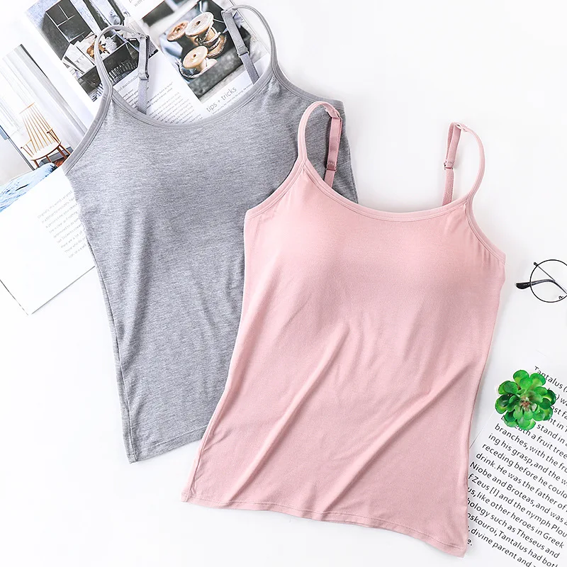 1 Piec Undershirt Solid Color Smocked Camisole Tank Top with Bra Pads Tops Female Summer Underwear Bottoming Anti-walking Bustie