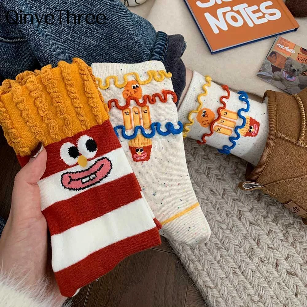 Funny Cartoon Graffiti 3D Cute Hamburger French Fries Tube Socks Soft Cotton Piled Striped Creative Versatile Sokken