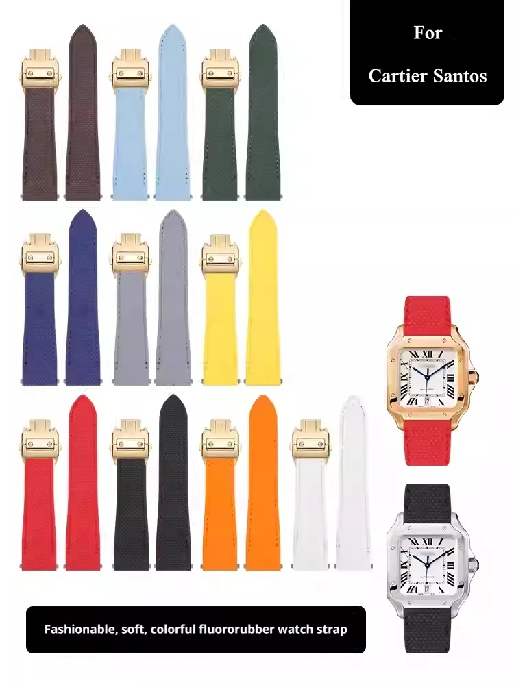 New style FKM watch strap for Cartier Santos WSSA0010 19 21mm quick release fluororubber watchband steel butterfly buckle strap