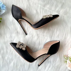 Discount Brand Black Satin Silks Open In The Middle D'orsay Women Lady High Heels 2024 Spring New Style Shoes Pump On Sale