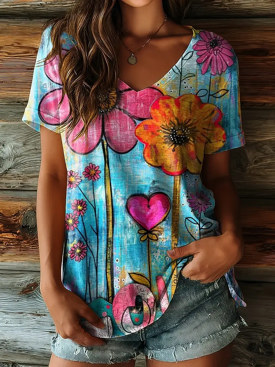 Women's Floral Plants Graphic T-Shirt, V Neck Short Sleeve Casual Tops, Blue Green Classic Daily Wear for Spring & Summer