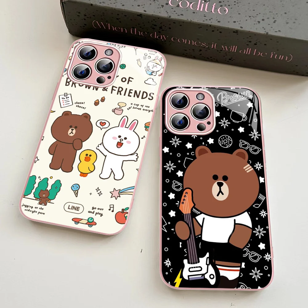 Korea Cute L-Line F-Friends B-Brown Phone Case For iPhone 14 13 12 Mini 11 Pro XS Max X XR 14 Plus Tempered Glass Cover