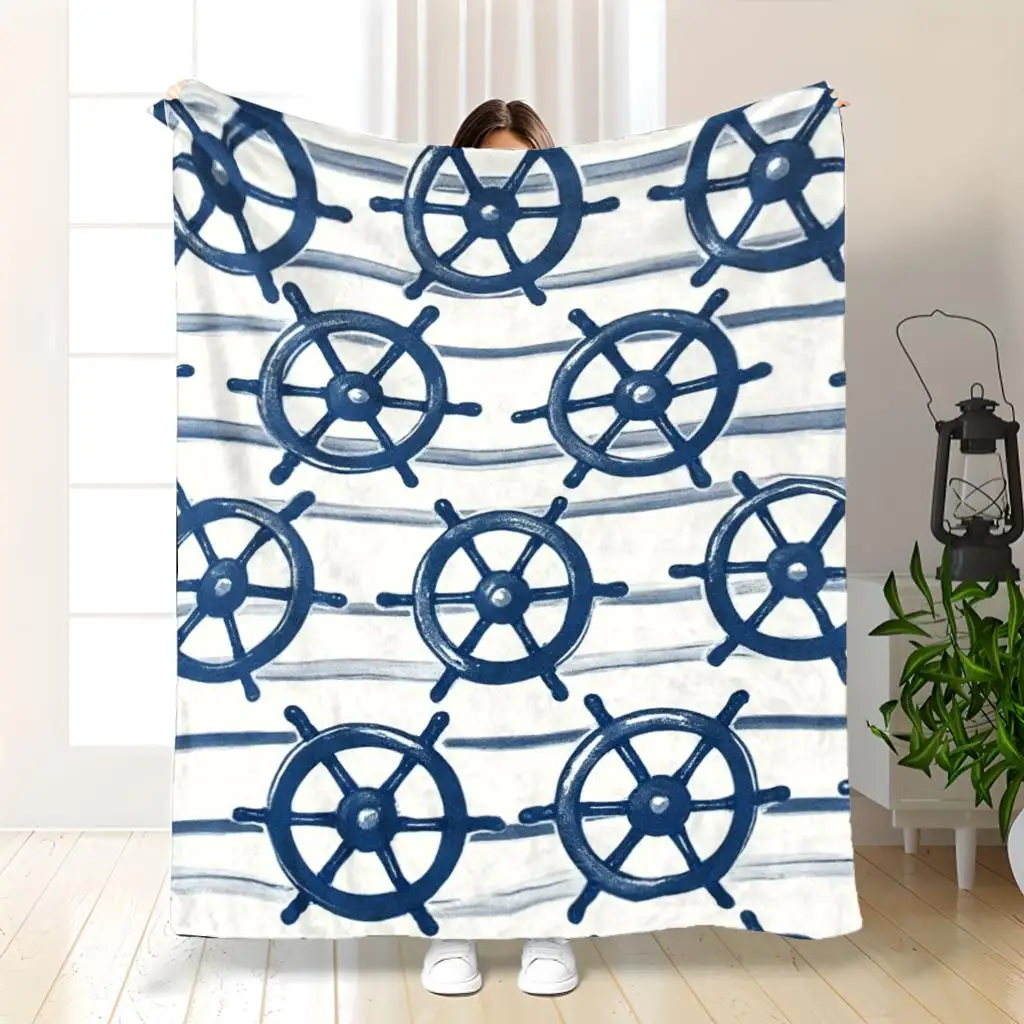Blue Nautical Ship Wheel Pattern Blanket Throw Large Couch Decor Maritime Theme Home Blanket 150x200cm