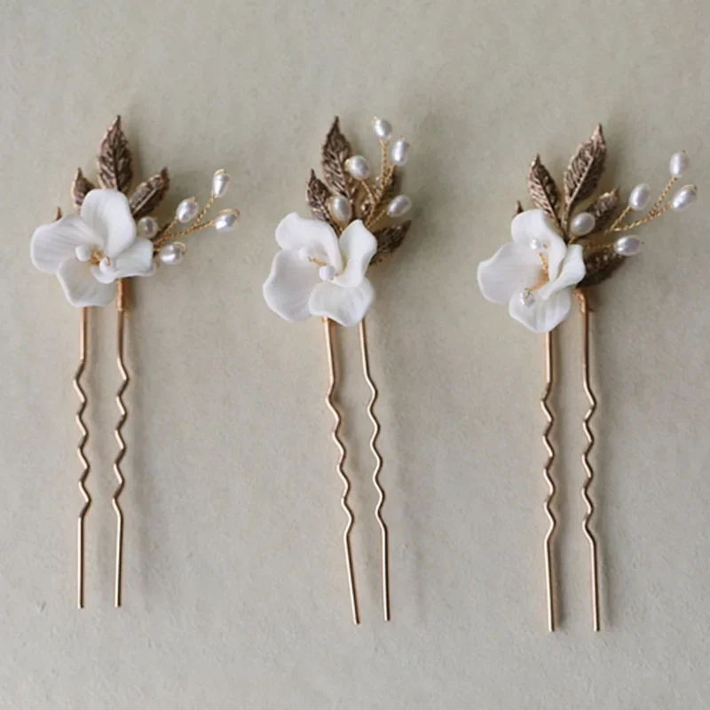 งานแต่งงาน Pins คลิปผมเซรามิคดอกไม้เจ้าสาว Headpiece ทองเงินสี Leaf เครื่องประดับไข่มุกผู้หญิง Boddy Pin