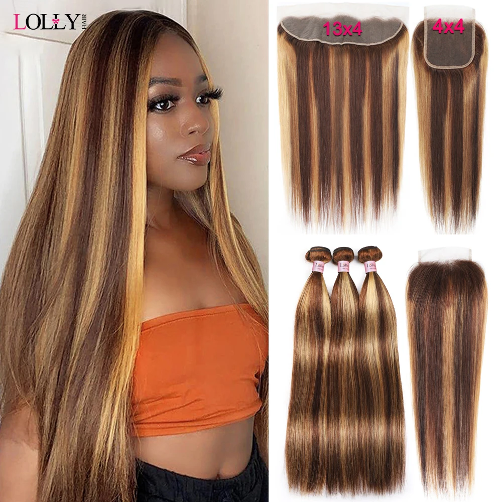 Highlight Straight  Bundles With Frontal Remy Human Hair Bundles With Lace Frontal 13x4 Cheap Brazilian Bundles 4 PCS