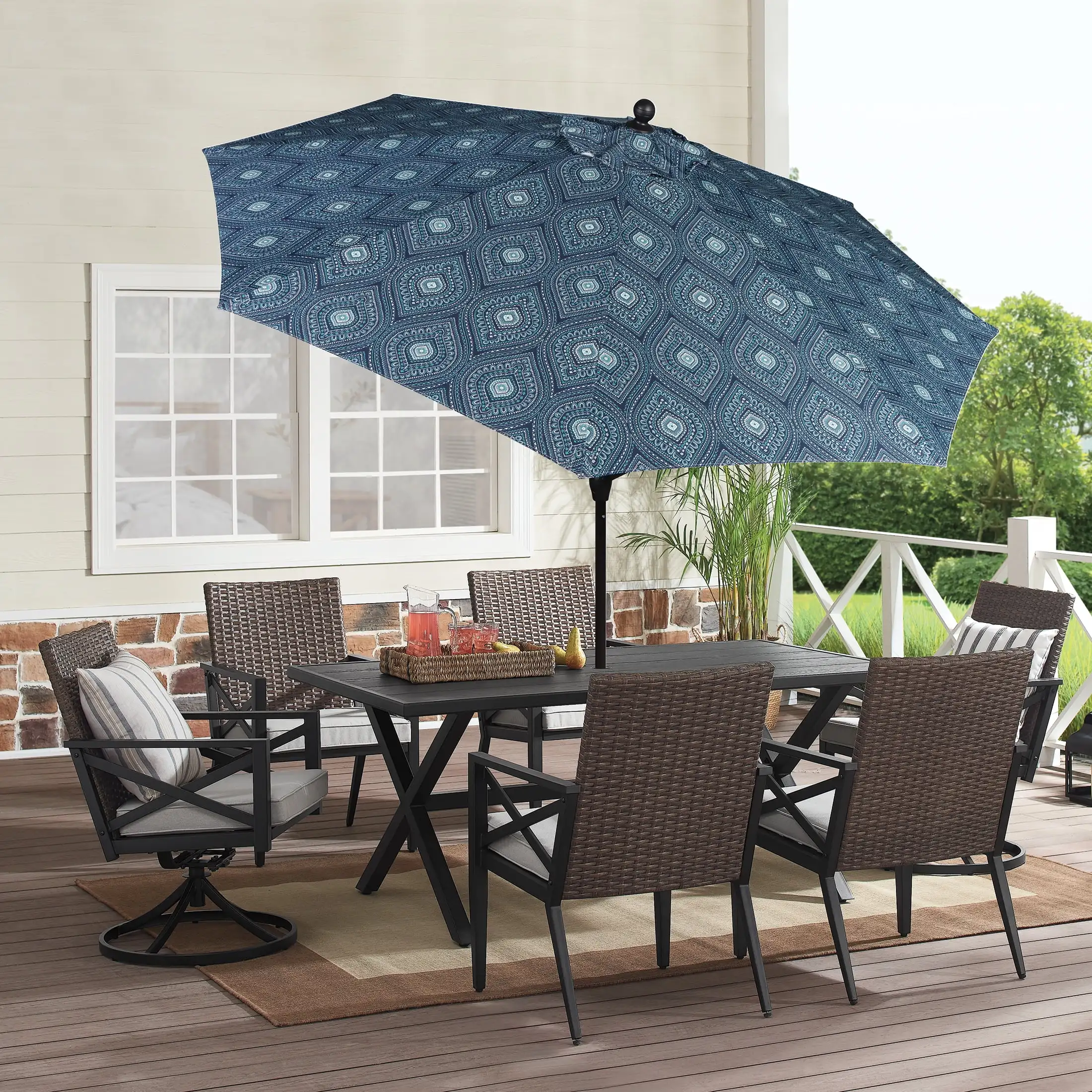 8' Blue Medallion Round Tilting Patio Umbrella, Adjustable Tilt