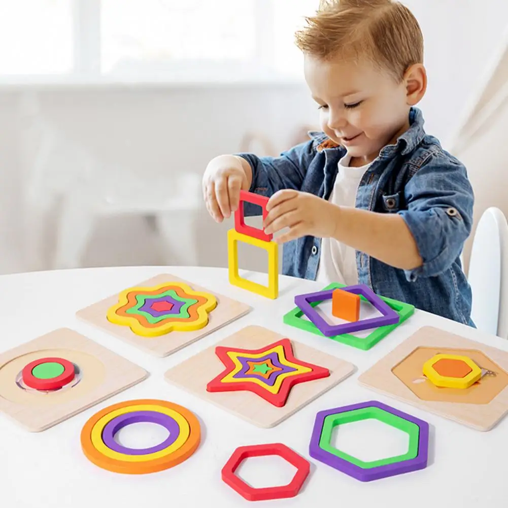 나무 기하학적 도형 컬러풀 몬테소리 퍼즐 인지 3D 유아 교육 보드 수학 분류 게임 어린이 장난감