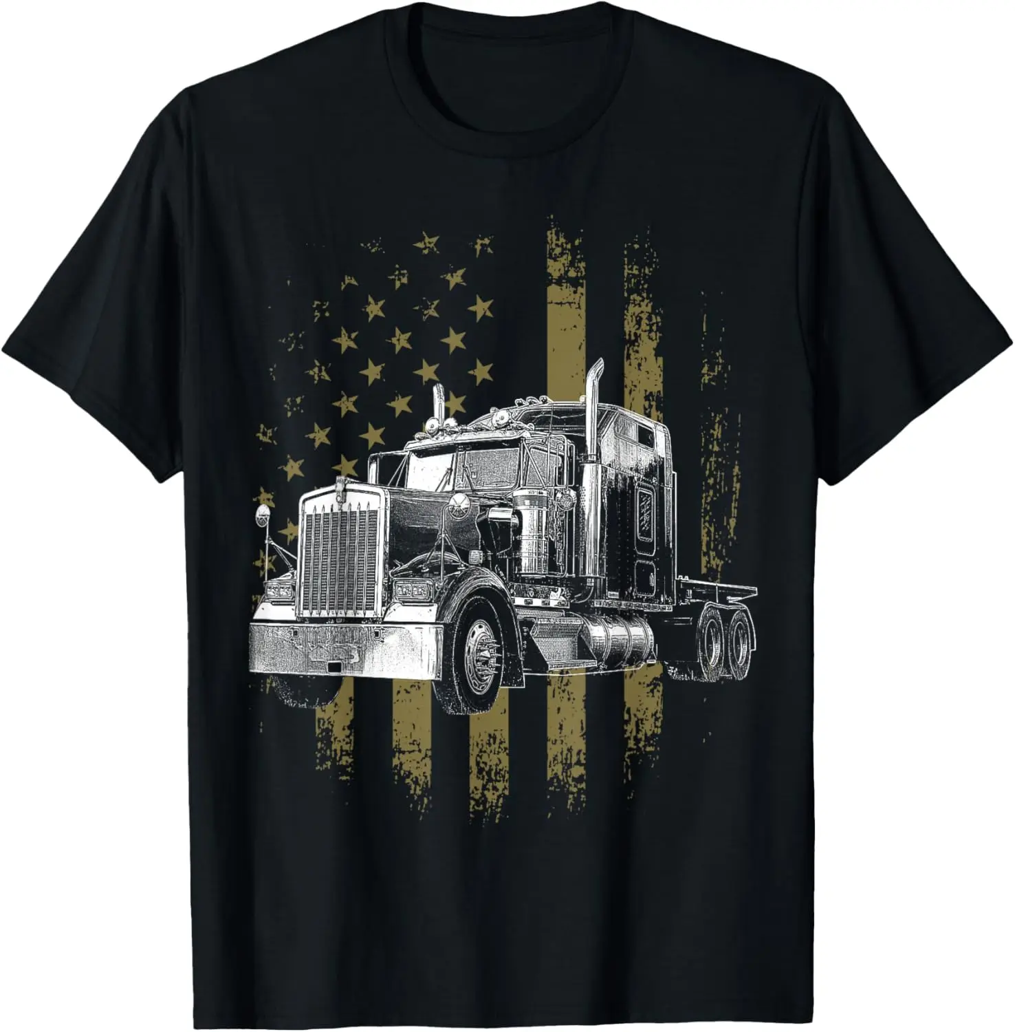 Trucker American Flag Big Rig Semi-Trailer Truck Driver T-Shirt 100% Cotton Trendy Y2K Short-Sleeve Tee-Soft, Quick-Drying,