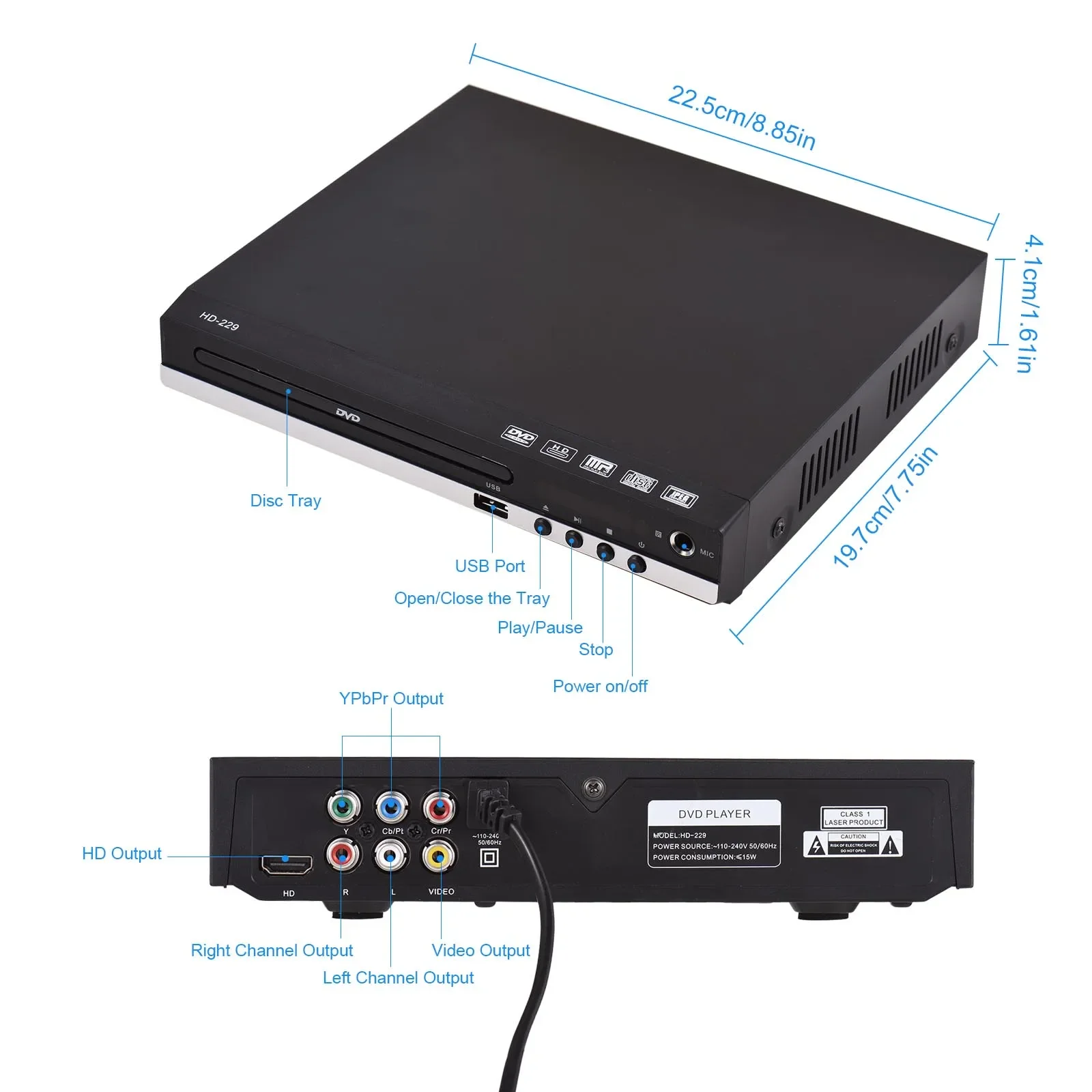 HD-229 Reproductor de DVD en casa Reproductor de disco de CD y DVD Reproductor multimedia digital Reproducción de disco en U Salida AV HD con control remoto