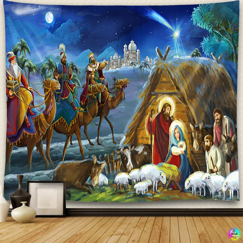 Nativity Scene Tapestry Jesus Birth Manger Barn Wall Hanging Angel Easter Christmas Wall Decor Christ Tapestries Room Decoration