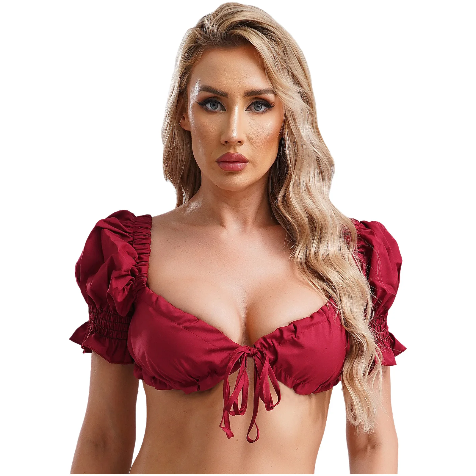 Womens Short Puff Sleeve Front Lace-up Tees Tops Sexy Drawstring Crop Top Solid Color Corset T-Shirt Top Casual Wear Clubwear