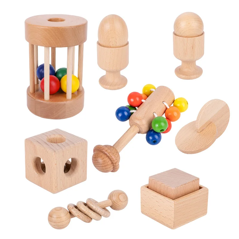 Baby soothing, grasping, shaking hands, shaking wooden bells, baby molars, interactive beech puzzle toys, early education shapes