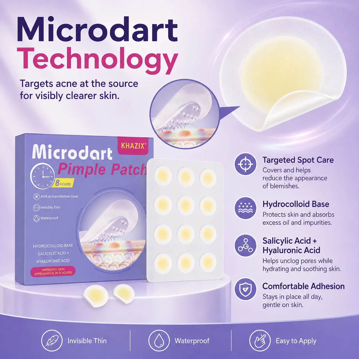 12/36Pcs Microdart Pimple Patches, Hydrocolloid Spot Cover, Waterproof Invisible Acne Stickers for Daily Face Care