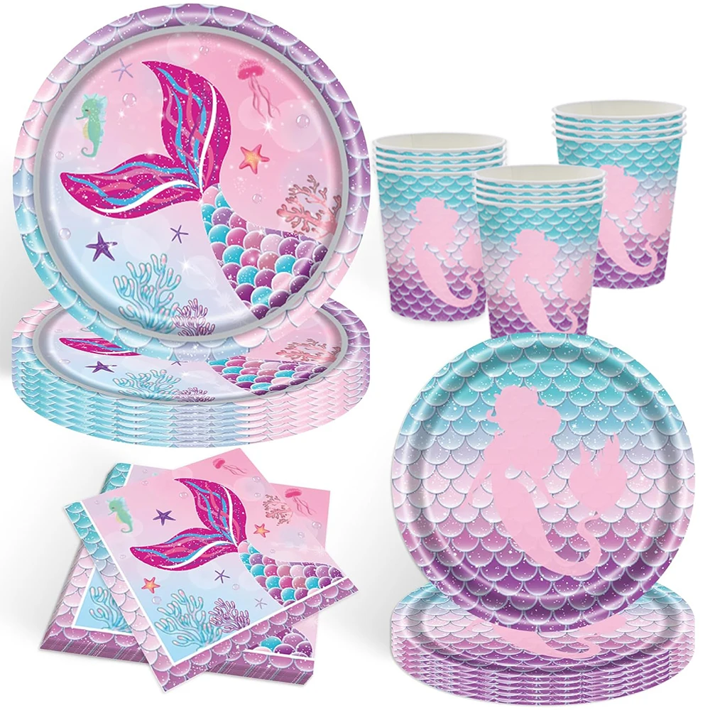 Meerjungfrau Party Rosa Lila Geschirr Set Teller Tassen Tischdecke Servietten Banner Mädchen Geburtstag Party Dekore Baby Dusche Liefert – Detail 3