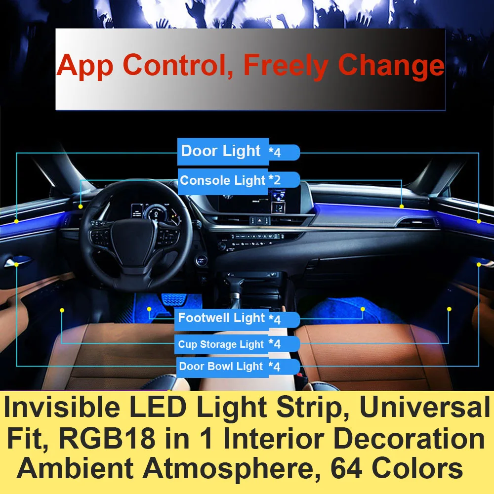 Spare 18 in 1 RGB LED Car Ambient Light 64 Colors Interior Decoration Acrylic Strip By App Control Atmosphere Lamp AC Dashboard