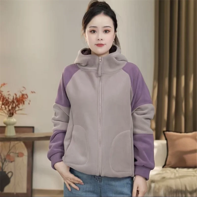 Winter Women Long Sleeved Patchwork Top Korean Lady Hooded Sports Shirt Jacket Femme Color Blocking Austenitic Velvet Sweatshirt
