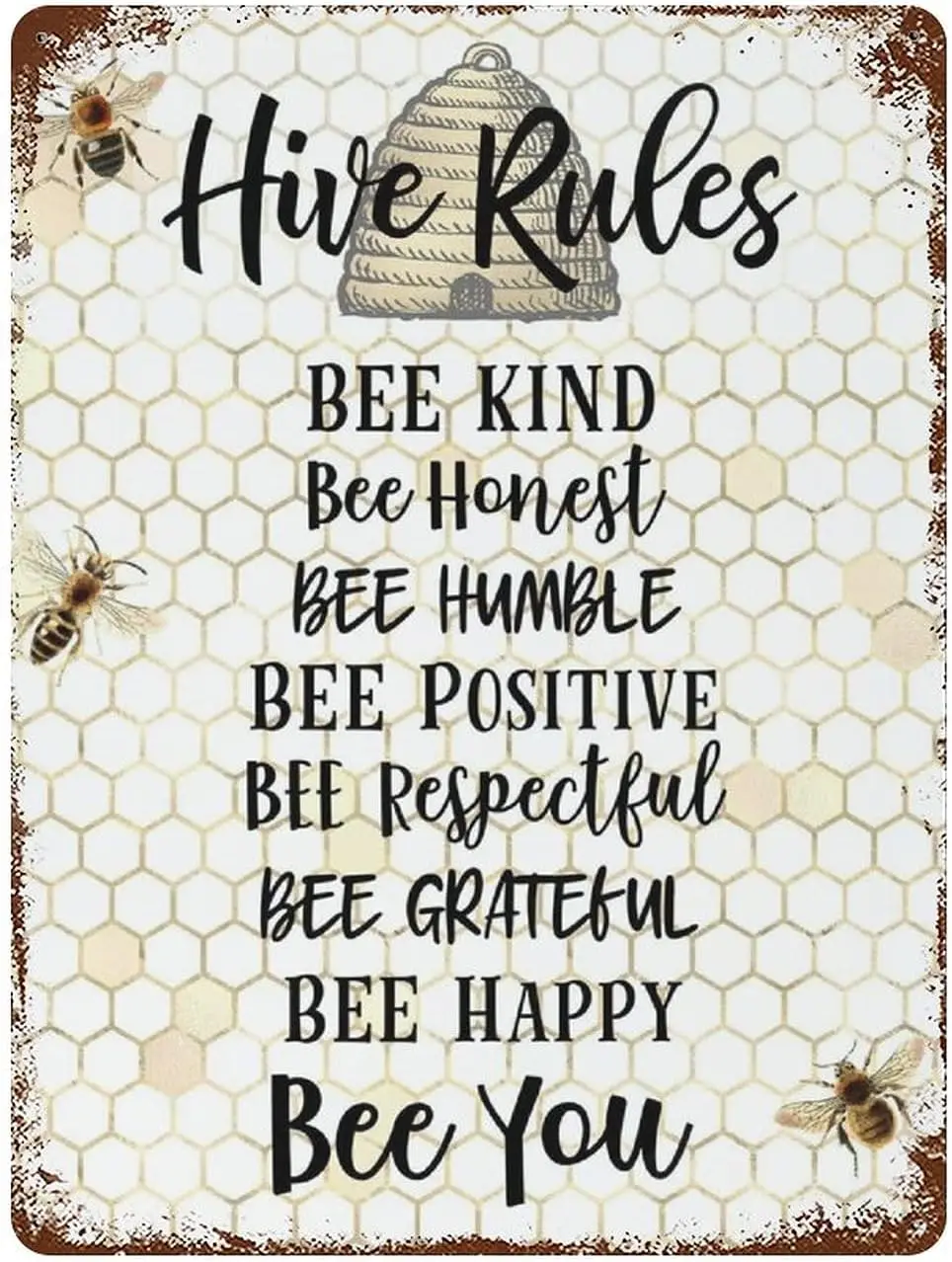 Vintage Hive Rules Poster Metal Sign Be Kind Honey Bee Decor Tin Signs Retro Plaque Wall Decor Gift For Home Kitchen Office Club