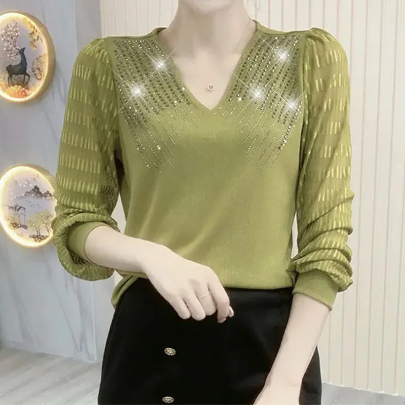 

Fashionable V-neck Solid Color Hot Diamond Long Sleeves Pullover T-Shirt Spring Autumn Female Clothing Net Yarn Slim Tops