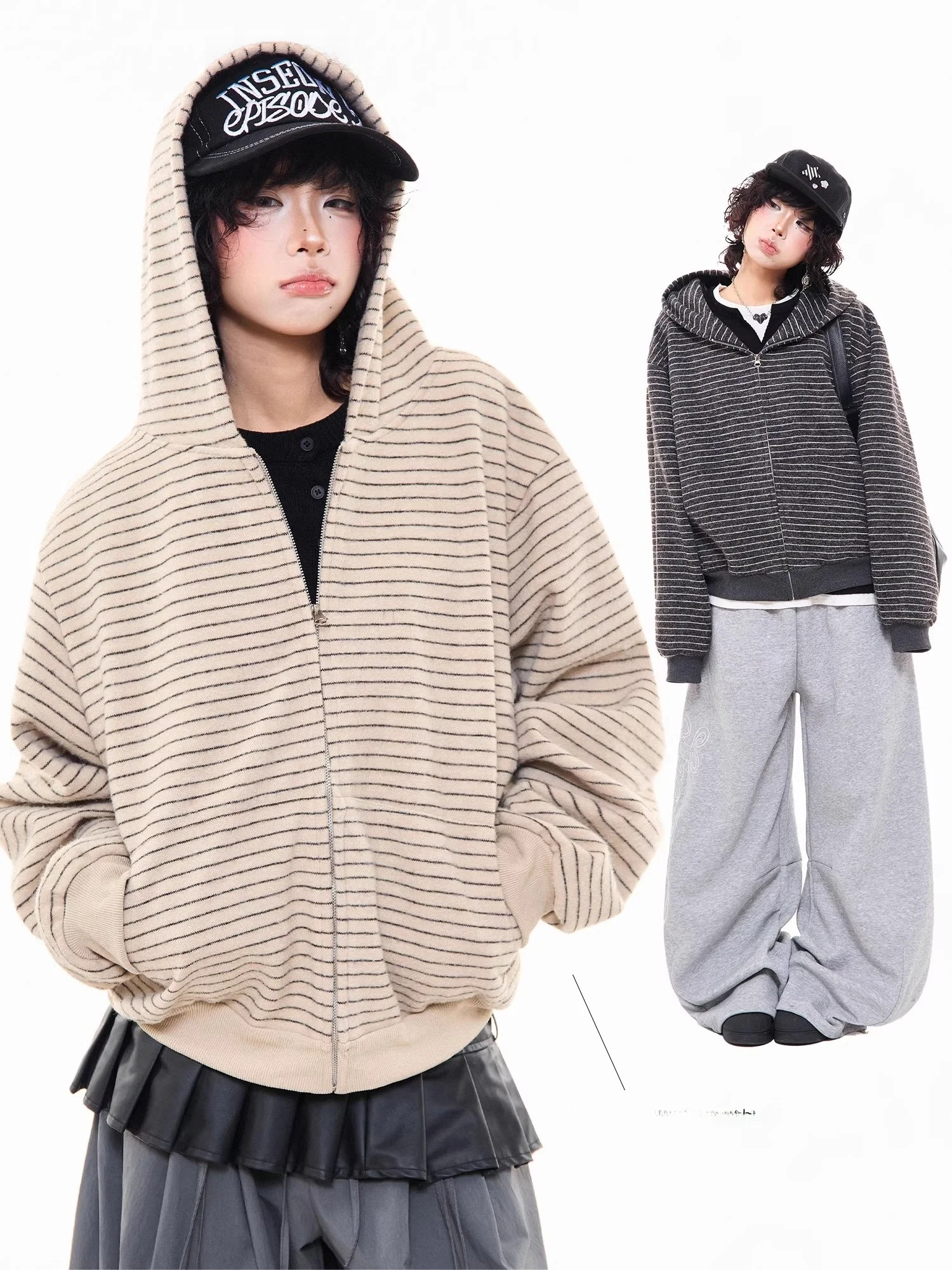 American Retro Fce Stripe Zipper Open Cardigan Loose Women's Hoodie Autumn Simple Versatile Couple ort Outerwear