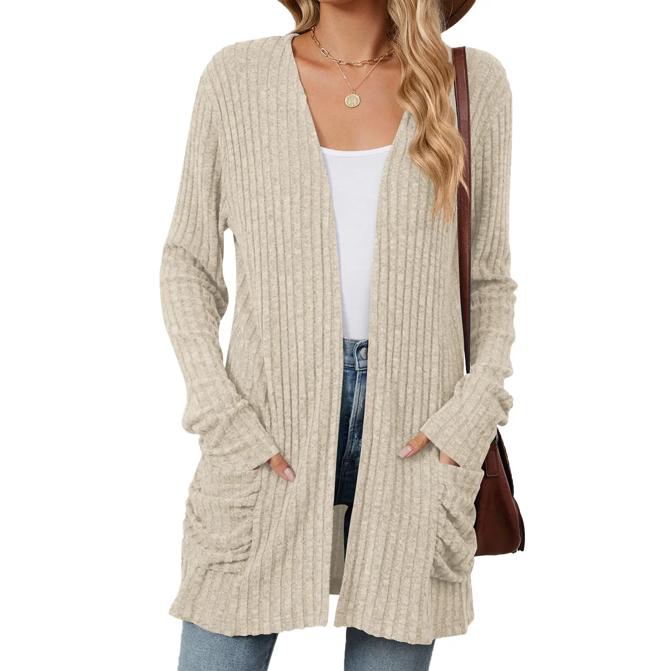 2024 autumn and winter hot selling new solid color pocket long sleeve high quality women\'s bottom cardigan sweater