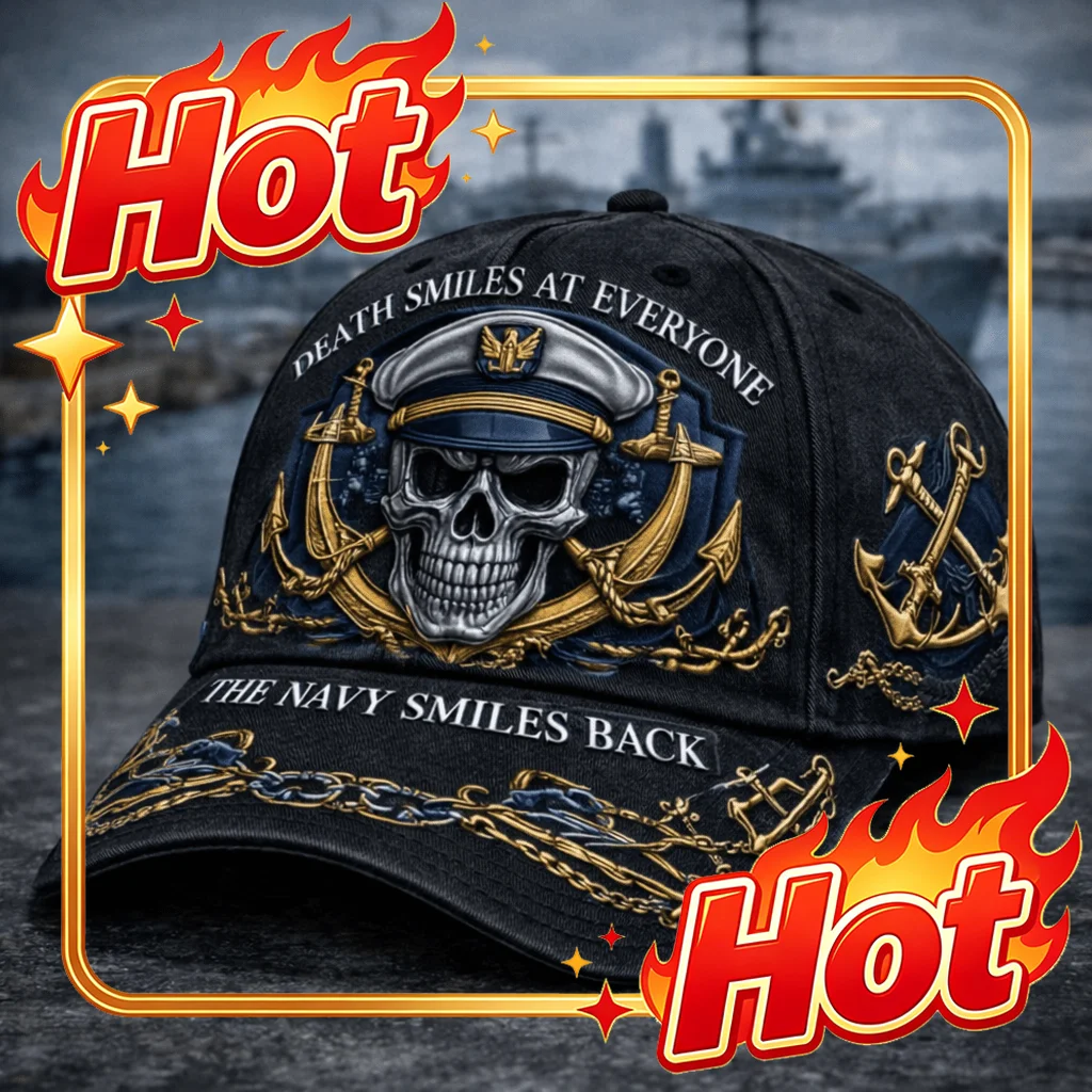 Custom Hat Navy Skull Anchor Military Maritime Courage Design | Death Smiles At Everyone The Navy Smiles Back Statement Style Ha