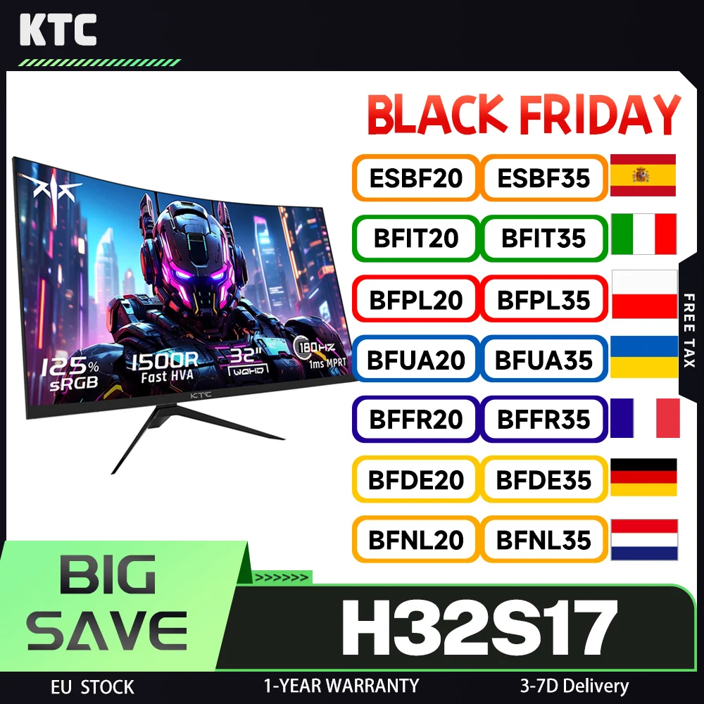 Monitor da gioco KTC H32S17, 32 pollici, 2560x1440 QHD, aggiornamento 180 Hz, 1500R, HDR 10, risoluzione cristallo 2K, bassa luce blu, curvo HVA