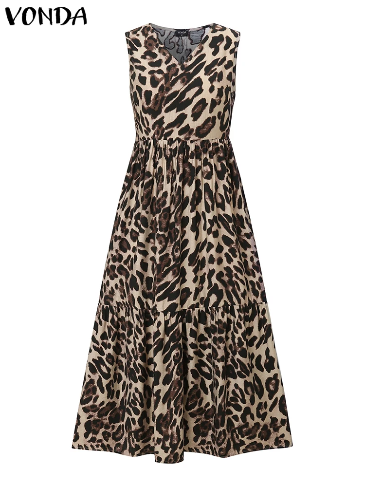 VONDA Women Vintage Dress Summer Leopard Print Maxi Long Sundress 2025 Sleeveless Party Rufled Vestidos Casual V Neck Robe
