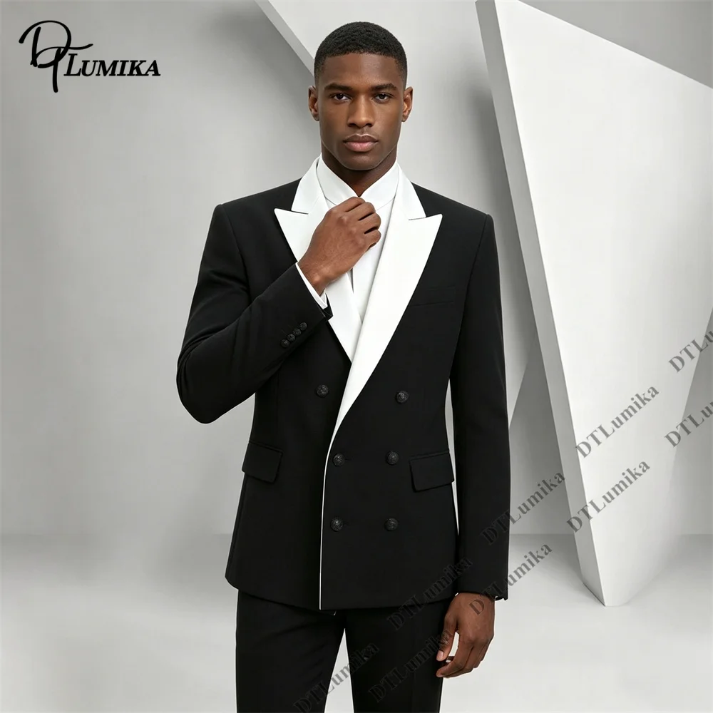 Men Black White Contrast Tuxedo Suit 2 Piece Double Breasted Wide Peak Lapel Blazer Pants Business Wedding Prom Dinner Wear
