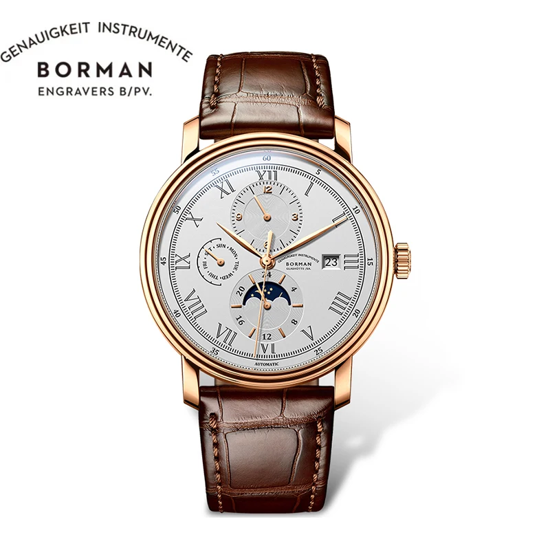 BORMAN Leather Moon Phase Leather Luxury Automatic Men Wristwatch Leather Strap 50m Water Resistant Mechanical Watches