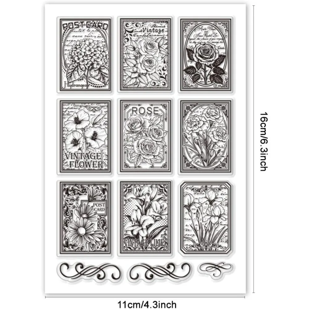 Vintage Flowers Clear Stamp Rectangular PVC Plastic Silicone 6.2x4.3 inches