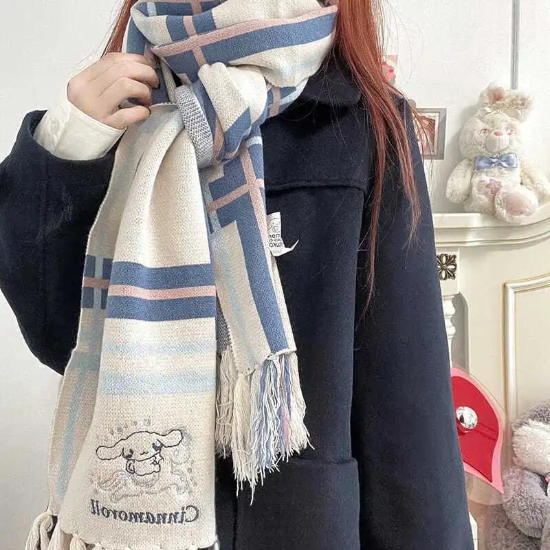 Kawaii Sanrio Kuromi Scarf with Fringes Autumn Winter New Super Long Women's Lattice Imitation Cashmere All-Match Double-Sided