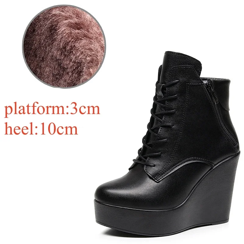 10cm 12cm Small Size 33-43 Fashion Platform Wedges Shoes Women Boots Leather 2024 High Heels Motorcycle Ankle Boots Office Mom