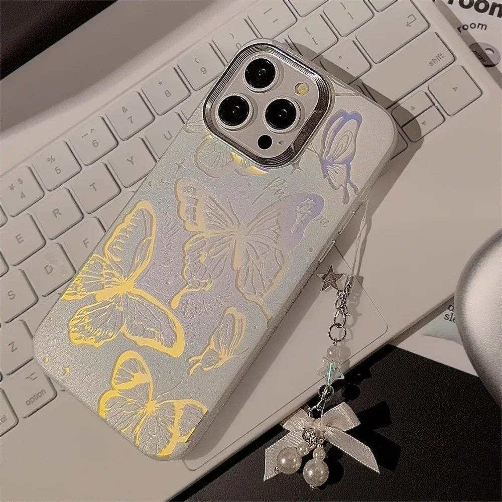 Fairy Silk bow tie pearls Pendant Butterfly art Phone Case For iPhone 16 15 14 13 12 11 Pro Max 16 Case Cute shockproof Cover