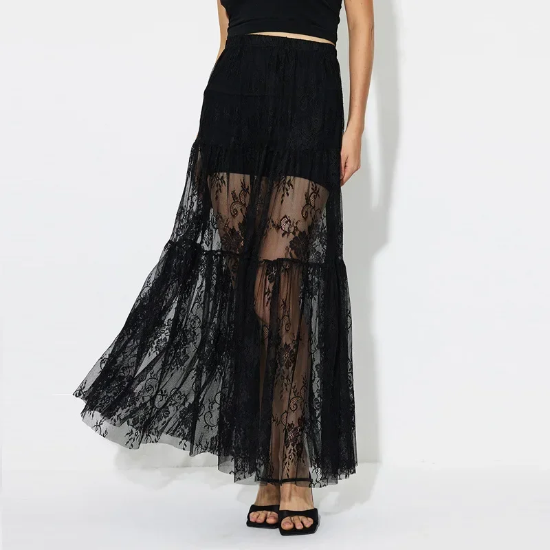 Women's Fashionable Sexy Long Dress Chiffon Skirt Transparent Lace Underwear Amazon Style Black Long Gown Clothing