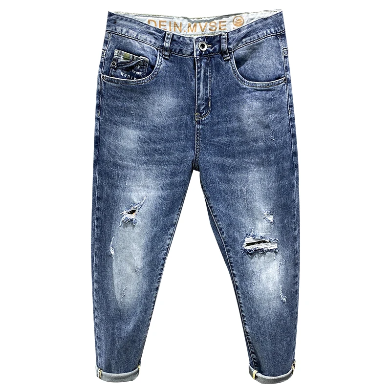 

Mens Ripped Jeans Capris Pants Blue Stretchy Fashion Pockets Desinger Harem Pants Hip Hop Patchwork Destroyed Male Jeans Hombre