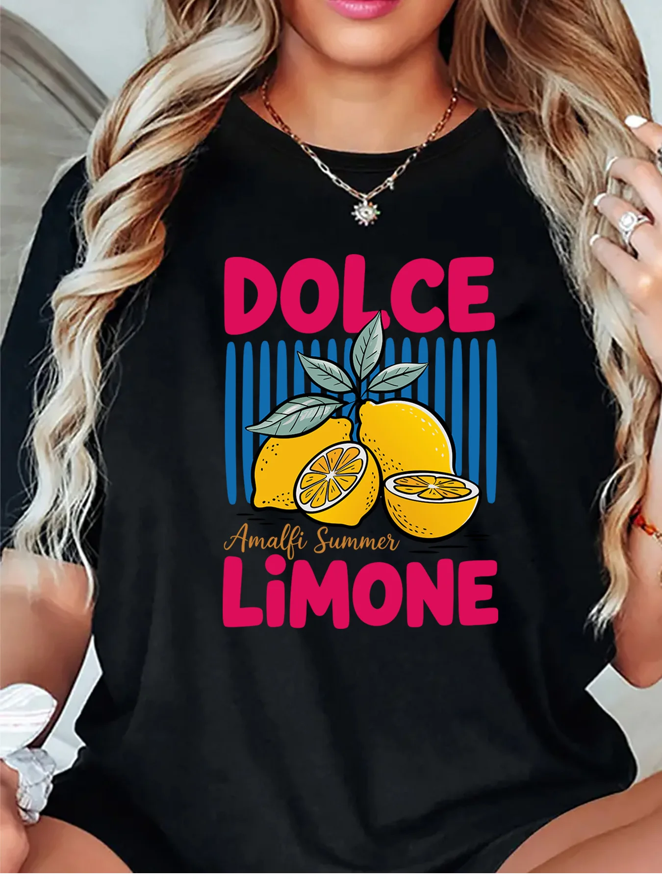 Dolce Limone Amalfi Summer Lemon Graphic Womens T Shirt Short Sleeve Crew Neck Mediterranean Style Casual Daily Ladies Tee Tops