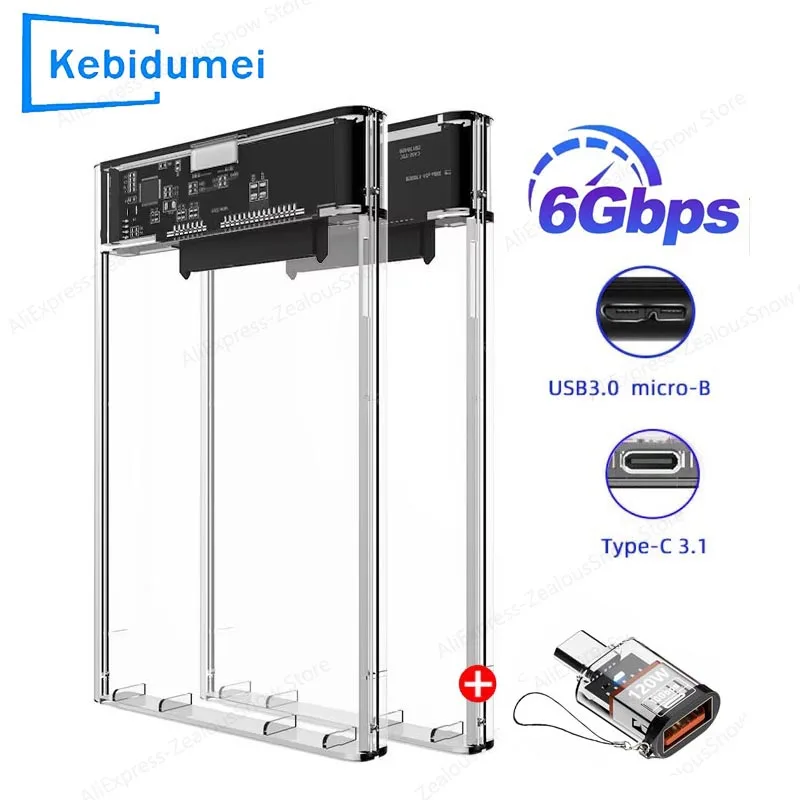 KEBIDUMEI 2.5 Inch HDD SSD Case SATA to USB 3.1 Type C 4TB Transparent External Hard Drive Case Compatible UASP SATA III Laptop