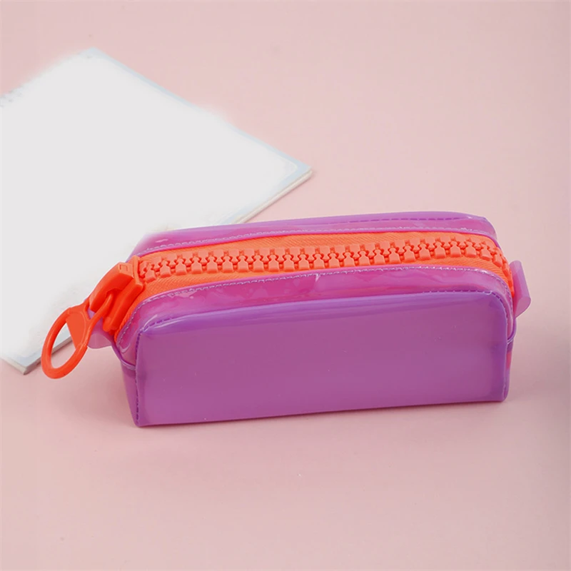 PVC Large Zipper Pencil Case Fluorescent Transparent Color Square Large Capacity Student Stationery School Supplies Storage Bag