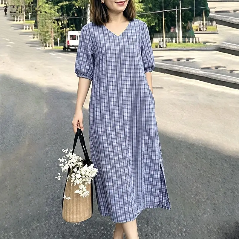 ZANZEA Women's Plaid Midi Dress Summer Casual V-Neck Half Sleeve Loose Checked Holiday Dresses Side Split Work Wear Robe Vestido