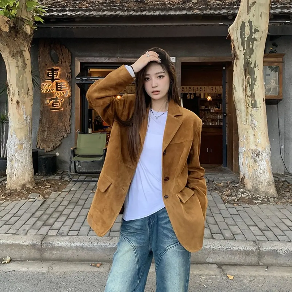 

Women's Brown Suede Suit Jacket Vintage Maillard Design Petite Fit Autumn All-match Top