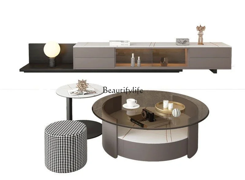 

Nordic rock slab coffee table living room household light luxury round coffee table TV cabinet combination