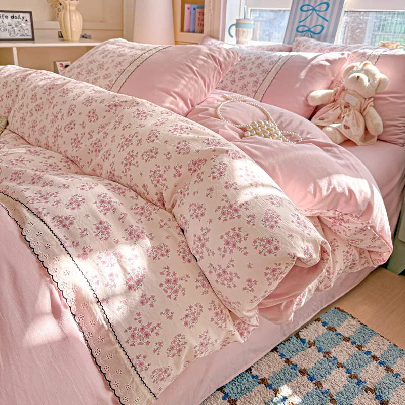 French Romantic Style Pre-washed Lace Bedding Set Duvet Cover Set Pillowcase Quilt Cover Hypoallergenic Fade Resistant