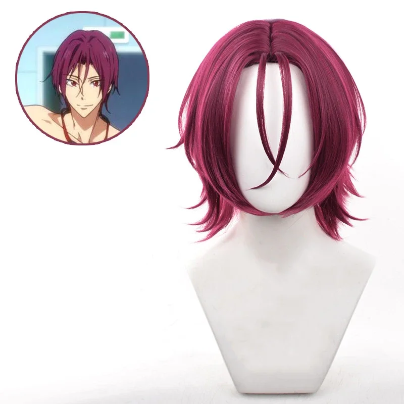 アニメ無料!! Rin Matsuoka-男性用コスプレウィッグ,ショートヘア,耐熱性,ハロウィーンパーティー用,キャップ,紫,赤,33cm