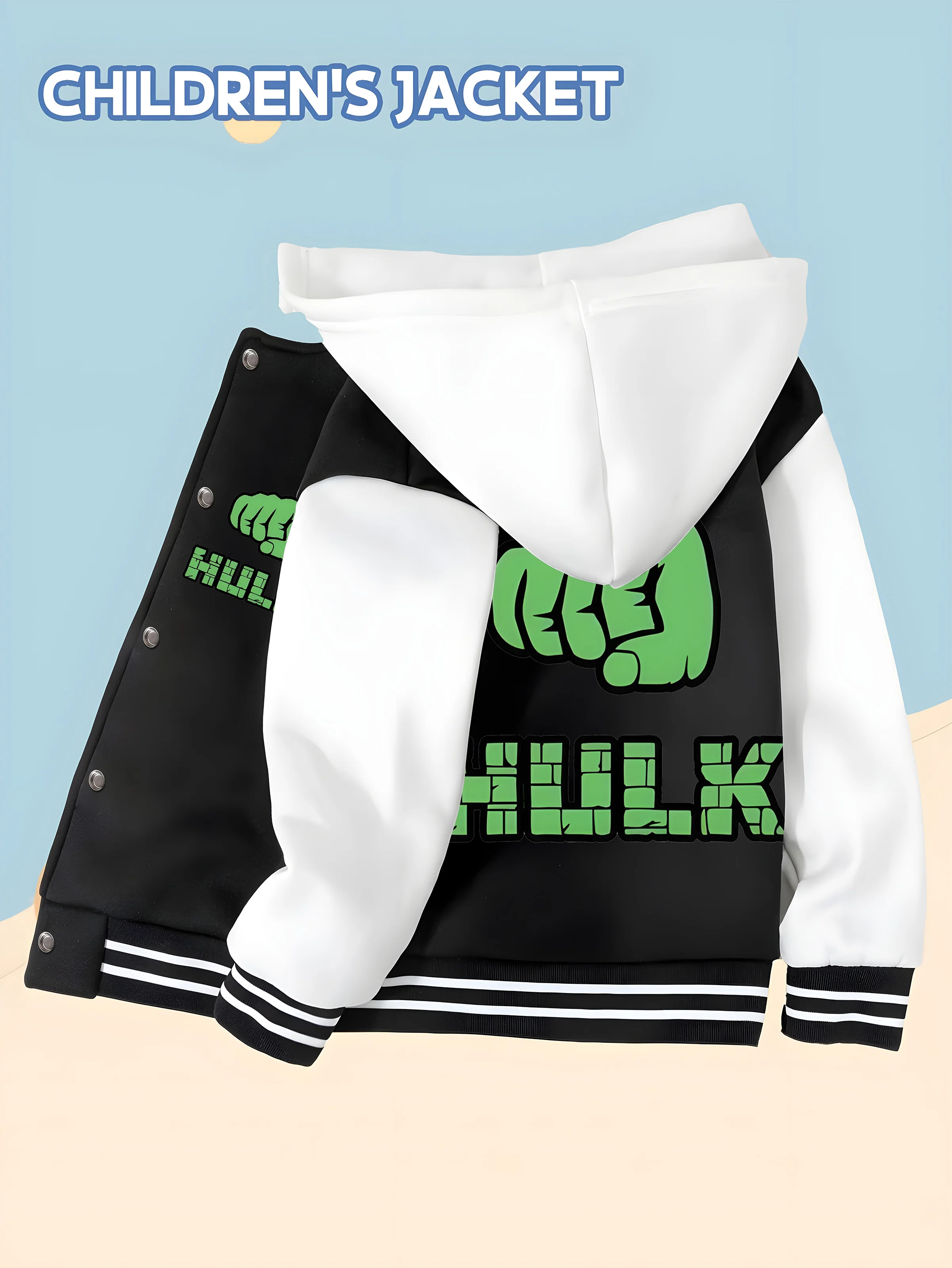 

MINISO Baseball hooded Jacket - Double-sided Hulk Fist pattern design, soft and comfortable fabric, fashionable and warm