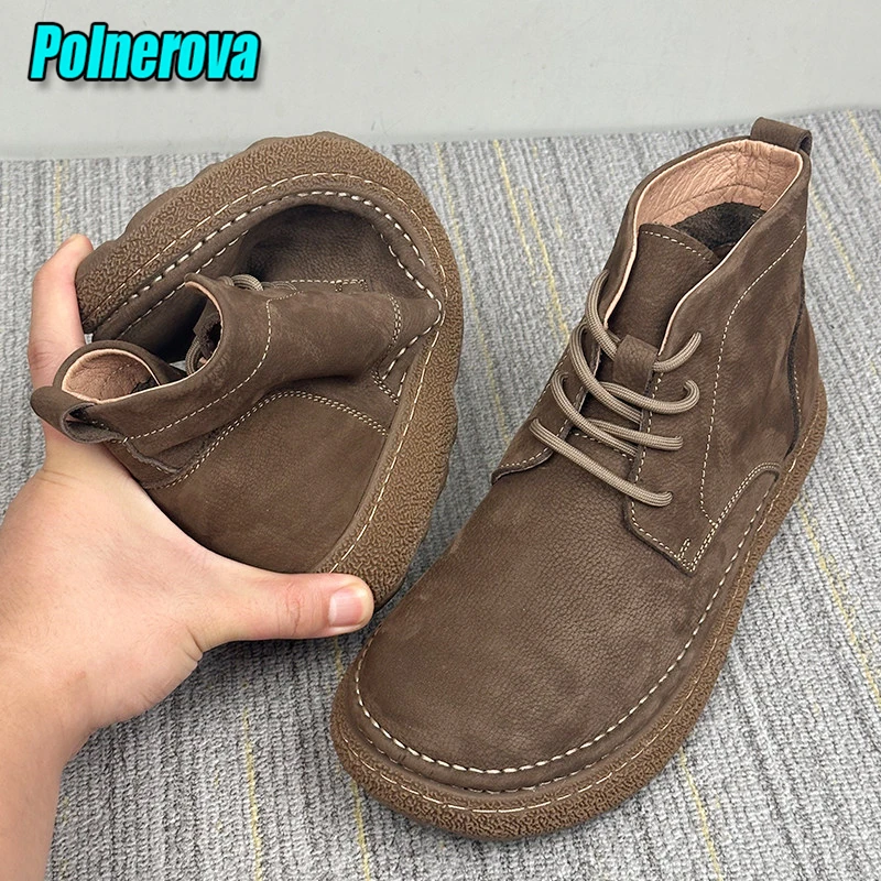 

Winter Plush Soft Leather Short Boots for Men Women Cowhide Thick Soled Round Toe Lace Up Ankle Boots Outdoor Warm Couple Shoes