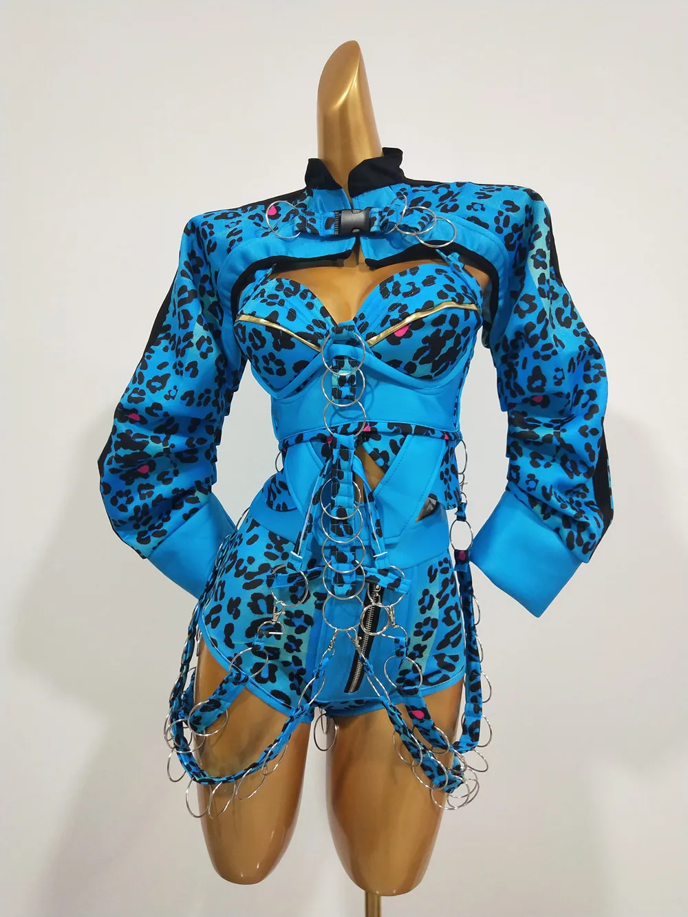 Nightclub Gogo Dance Clothes DJ Singer Concert Sexy Performance Stage Wear Blue Leopard Metal Buckle Bodysuit Drag Queen Costume