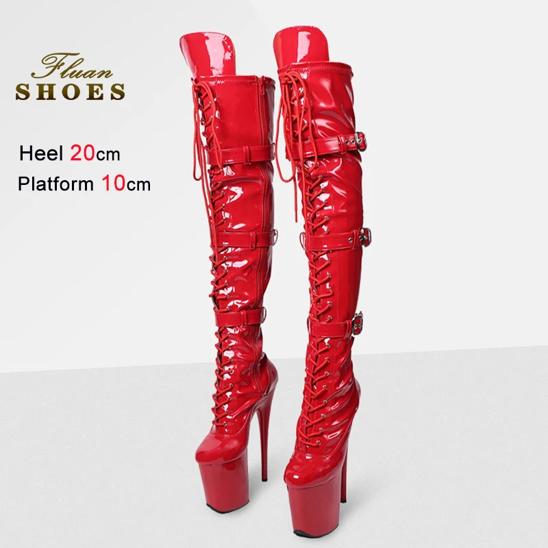 

20CM Stiletto Gothic Thigh Boots Red Women Platform Long Shoes Stretch Leather Buckle Strap Over-the-knee Boots Pole Dance Heels